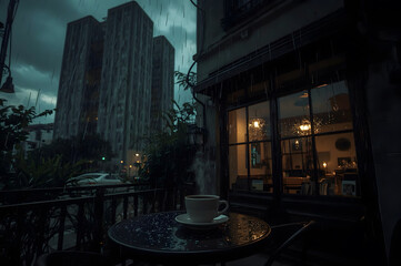 A hot coffee cup under the heavy rain and high modern building surrounding