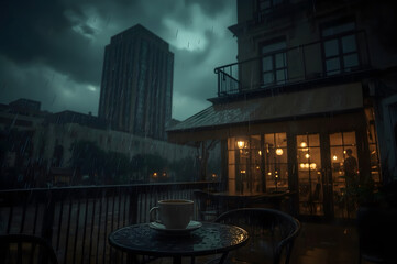 A hot coffee cup under the heavy rain and high modern building surrounding
