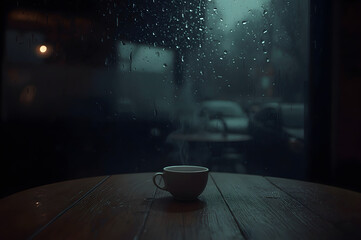 A hot coffee cup under the heavy rain and high modern building surrounding