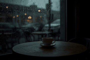 A hot coffee cup under the heavy rain and high modern building surrounding