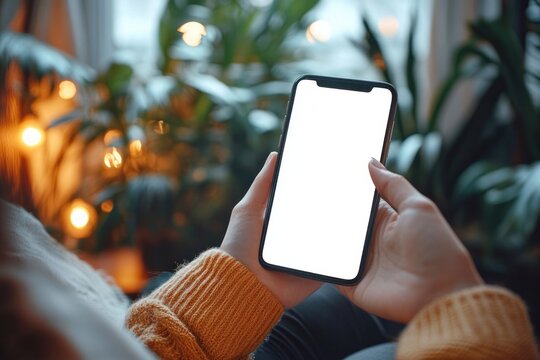 Person holding smartphone with a blank screen in cozy indoor setting with plants and warm lighting