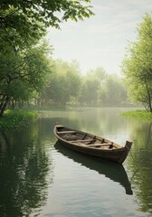 Obraz premium Wooden boat on calm water surrounded by lush greenery