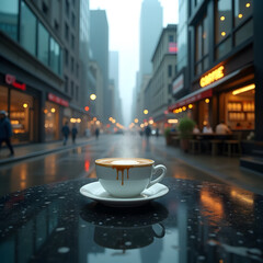 A hot coffee cup under the heavy rain and high modern building surrounding