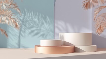 A modern 3D cosmetic podium mockup with metallic teal and dusty peach tones, suitable for beauty product showcase.