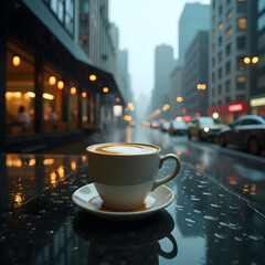 A hot coffee cup under the heavy rain and high modern building surrounding