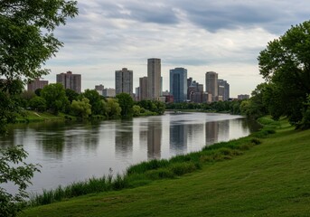 Obraz premium City skyline reflected in river with green banks and cloudy sky
