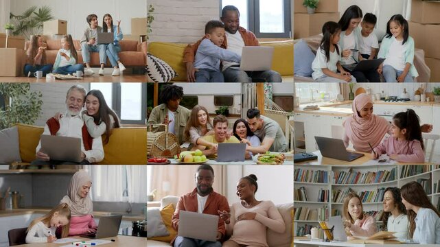 A diverse group of individuals collaborates together using laptops, sharing ideas and experiences in various comfortable indoor settings. Laughter and learning fill the air.