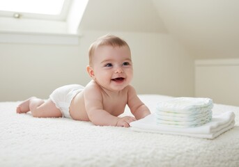Smiling baby lying next to a stack of diapers on a white blanket