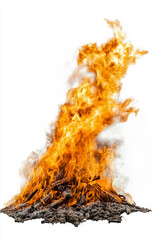 A large bonfire with bright orange flames and charred wood on a white background