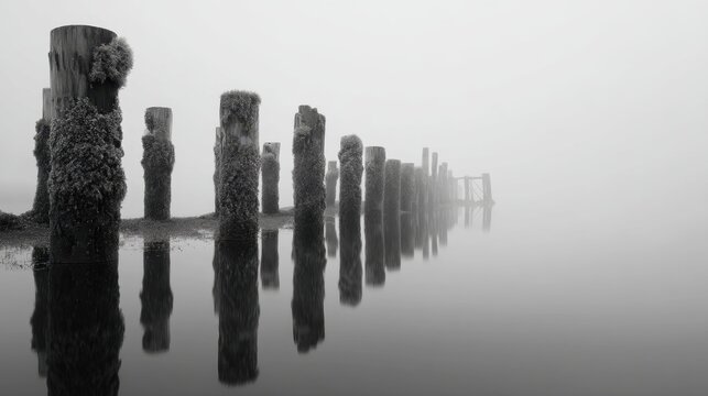 Reflective landscape of wooden stakes on the water surface in the fog
