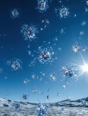 Floating crystalline structures in a clear blue sky over snow