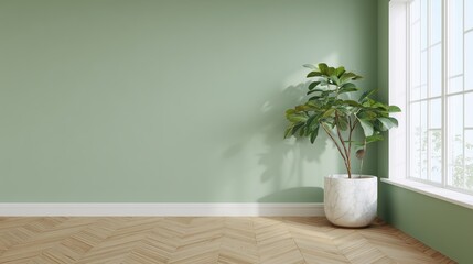 aesthetic green kitchen wall mockup, modern minimalist interior, wooden herringbone floor, large blank green wall