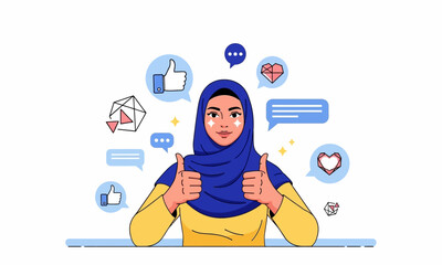 Muslim Woman Engaged in Social Media with Thumbs Up. Woman in head covering gives double thumbs-up amidst social media icons, symbolizing positive online engagement.