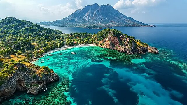Aerial view of Mantanani Island with turquoise water and Mount Kinabalu scenery
