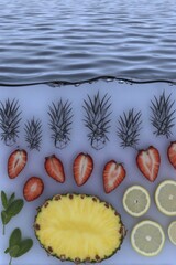 Fresh fruit platter on a surface over water