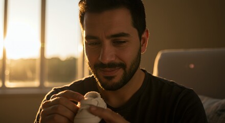 Golden Hour Fatherhood: A man lovingly holds his newborn's tiny shoe, bathed in the warm glow of the setting sun.