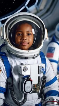 Focused young astronaut in white spacesuit and helmet, looking at camera in a laboratory with American flag detail