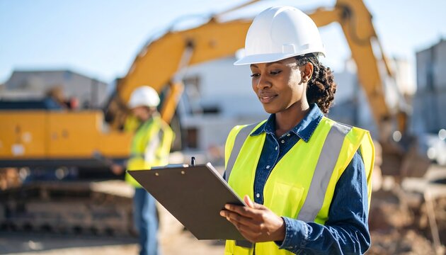 Woman in safety vest reviewing paperwork at construction site