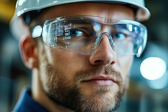 Industrial engineer wearing augmented reality glasses and hardhat in factory