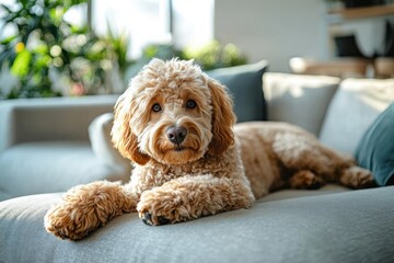 curly-haired dog comfortably lying on a gray couch with a calm and attentive expression in a bright living room