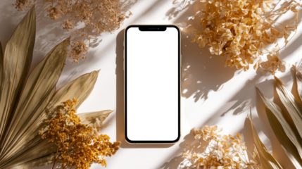 Minimal smartphone design with transparent display overlaying tropical and dried natural elements. 
