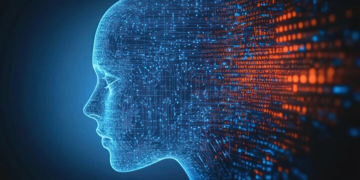 Digital blue human profile with circuit pattern and orange binary code streaming from the head symbolizing artificial intelligence and data processing