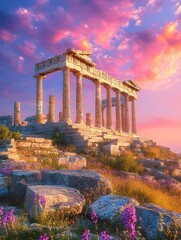 Obraz premium Ancient stone temple ruins with tall columns standing on a rocky hill surrounded by wildflowers under a vibrant pink and purple sunset sky