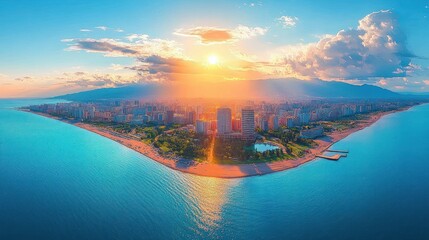A panoramic aerial view of a coastal city during a vibrant sunset with a sun glowing above mountains, sandy beaches, tall buildings, and calm blue sea waters