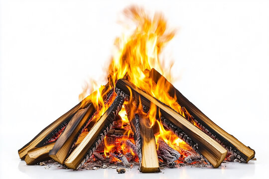 Close up of a bonfire with burning wood logs on a white background view
