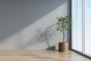 Minimalist Living Room Wall with Indoor Plant and Sunlight Shadow for Product Mockup or Interior Design