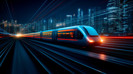 A modern high-speed train travels through a vibrant cityscape at night, with bright lights and dynamic motion blur.