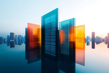 Obraz premium Futuristic cityscape with colorful, transparent skyscrapers reflecting in water under a clear sky.