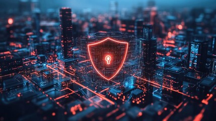 A microscopic holographic shield protecting private data in a futuristic city