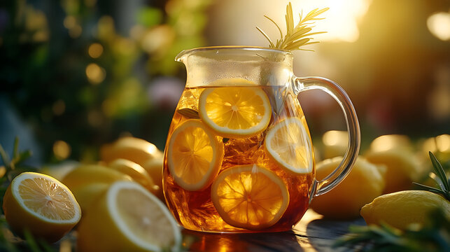 Refreshing iced tea infused with lemon slices in a glass pitcher during summertime sunshine