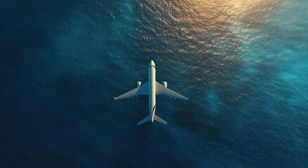 aerial view of a large airplane flying over a calm ocean with sunlight reflecting on the water surface, evoking a sense of travel and freedom