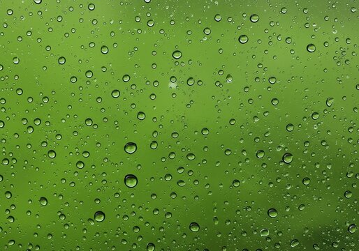 Close up of raindrops on a window with a green blurred background
