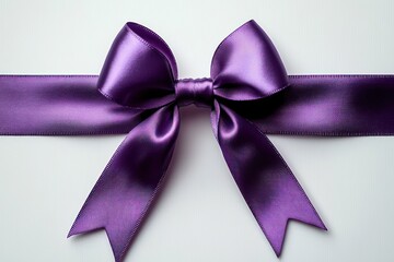 Elegant purple satin ribbon tied into a neat bow on a white background, conveying a sense of celebration and gift wrapping