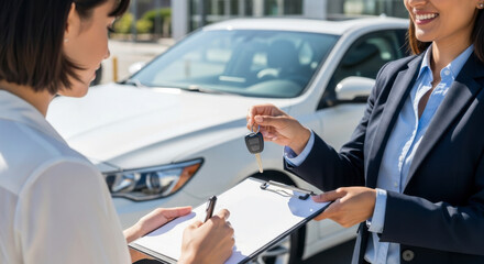 Car purchase process dealership transaction urban environment close-up viewpoint customer experience for first-time buyers