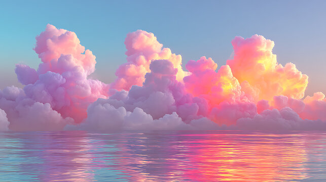 Concept of irregular neon sunset clouds and wavy sea breeze - Powered by Adobe