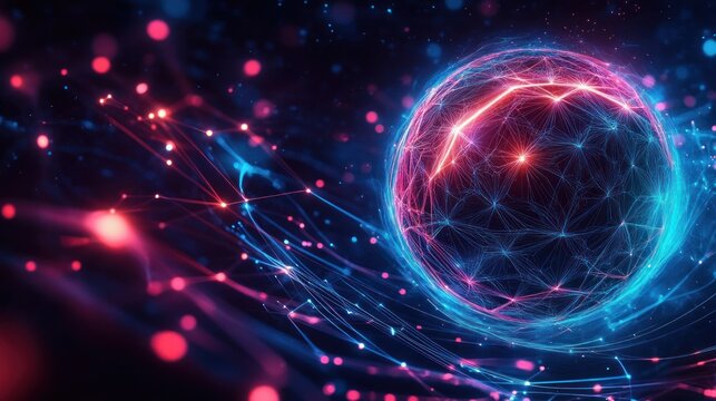 Glowing neon sphere composed of interconnected geometric lines and nodes surrounded by dynamic light trails and particles in a dark space
