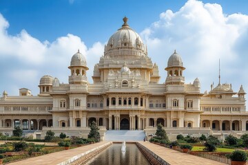 Obraz premium Grand historic palace with intricate domes and arches reflected in a symmetrical water fountain and lush gardens under a bright blue sky