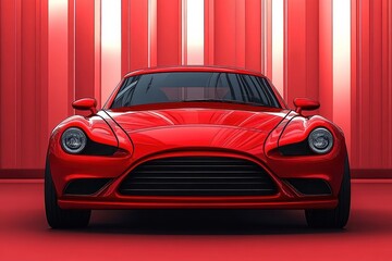 Front view of a shiny red sports car with sleek curves and prominent headlights parked indoors against a red striped wall, conveying power and elegance