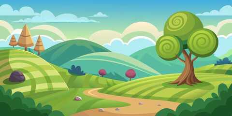 Naklejka premium Idyllic cartoon landscape with winding path, green hills