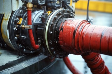 Close-up of heavy industrial machinery with rusted red pipes and metal components showing signs of wear and corrosion
