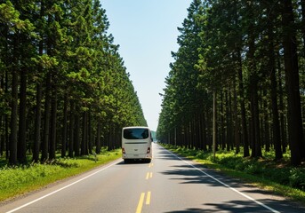 Bus driving on road lined with tall trees under a clear blue sky