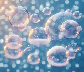 Close-up view of multiple transparent bubbles floating in a soft blue environment with gentle light reflections and sparkling details, creating a serene and delicate atmosphere