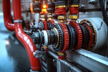 Close-up of industrial red pipes and connectors with valves and metal fittings in a mechanical room with blurred background lights