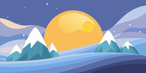 Snowy mountains sunset landscape, clean cutout, transparent png