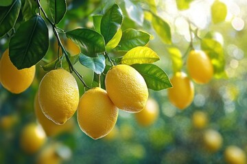 Ripe yellow lemons hanging from green leafy branches in bright natural sunlight with a soft blurred background