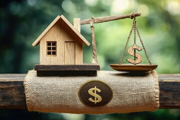Wooden miniature house balanced on one side of a rustic scale with a golden dollar sign on the other, symbolizing financial value and real estate balance with a blurred green background